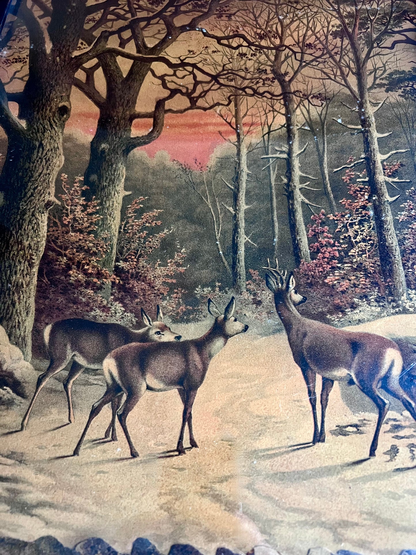 Antique Framed Lithograph of Deer in Winter Forest by German Artist Robert Georgius