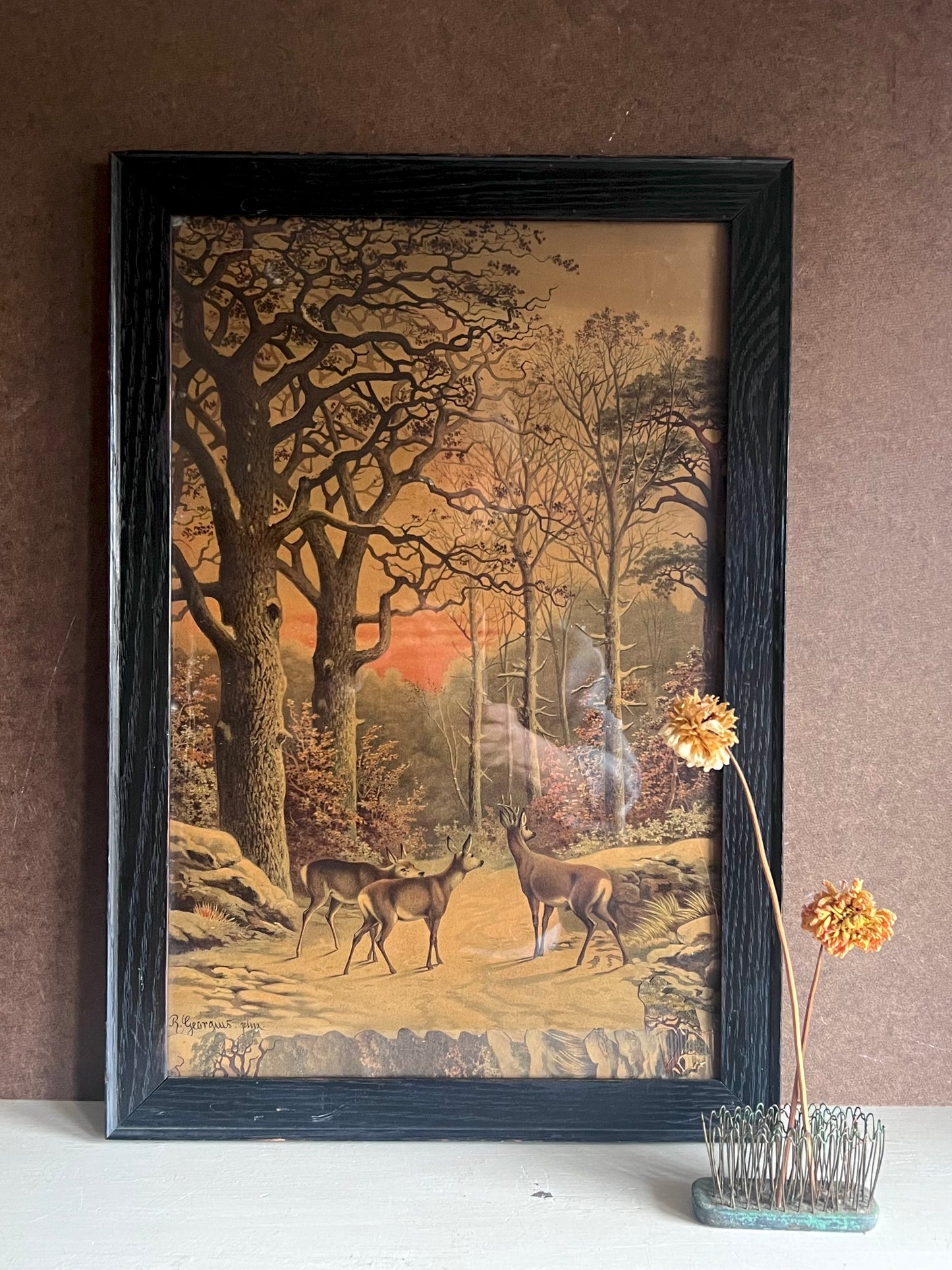 Antique Framed Lithograph of Deer in Winter Forest by German Artist Robert Georgius