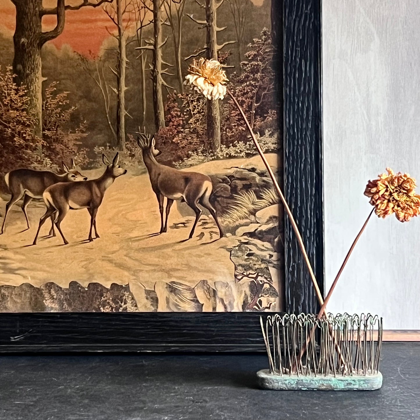 Antique Framed Lithograph of Deer in Winter Forest by German Artist Robert Georgius