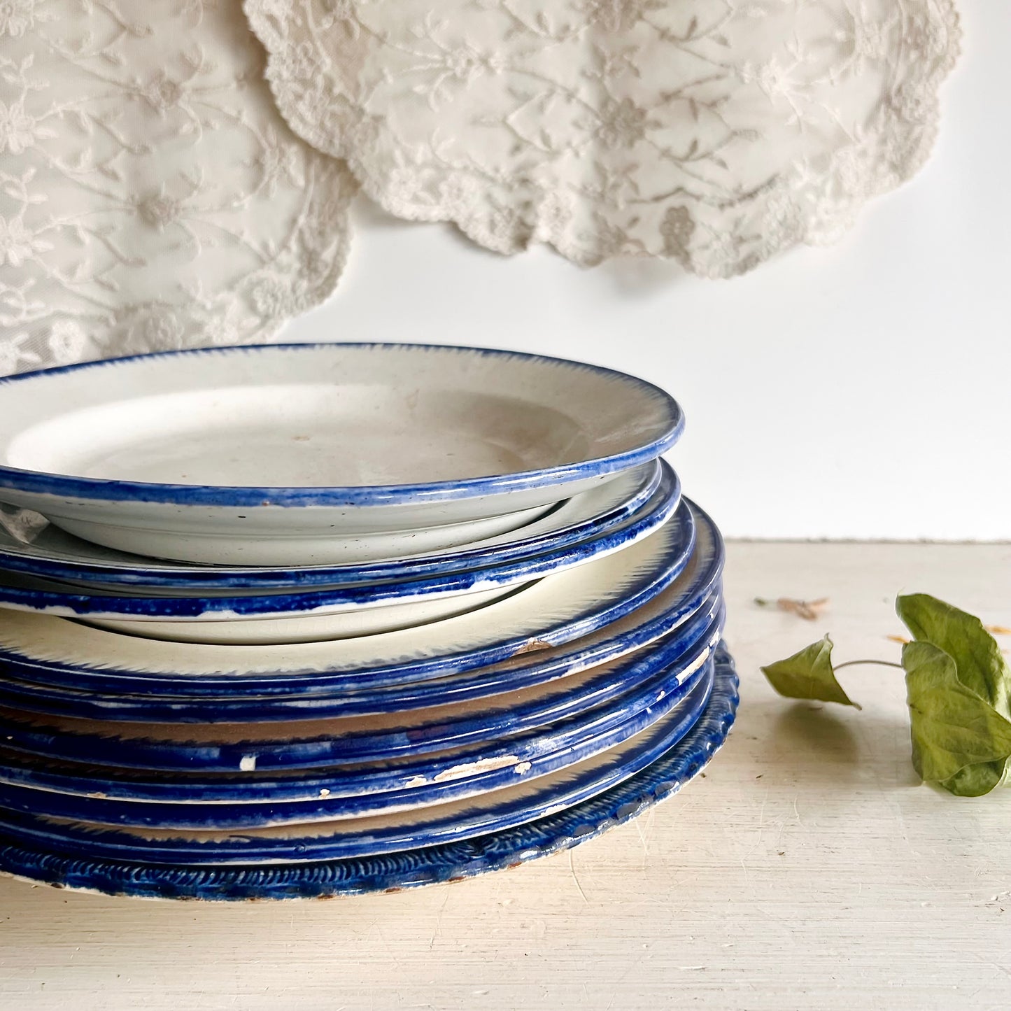 Antique 10-Piece Blue Feather Edge Plate Collection