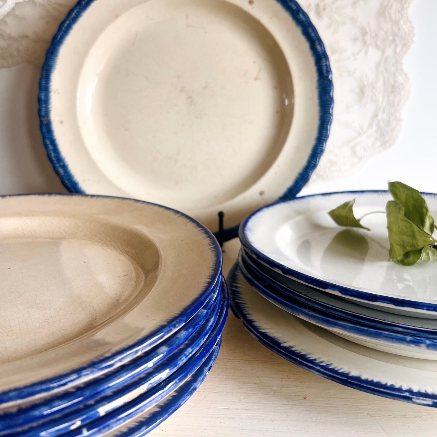 Antique 10-Piece Blue Feather Edge Plate Collection