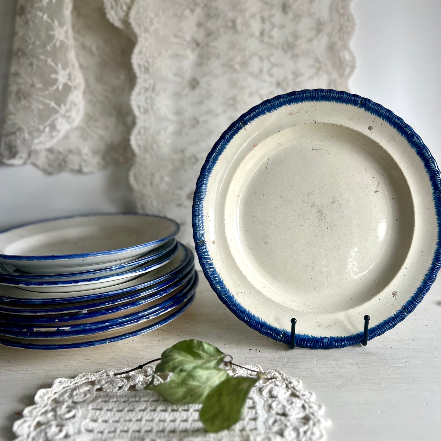 Antique 10-Piece Blue Feather Edge Plate Collection