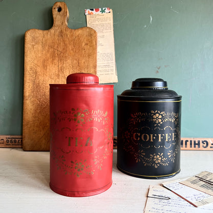 Vintage Tole Stencilled Coffee and Tea Tin Canisters