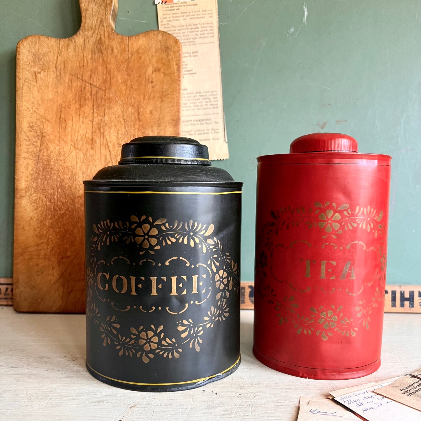 Vintage Tole Stencilled Coffee and Tea Tin Canisters