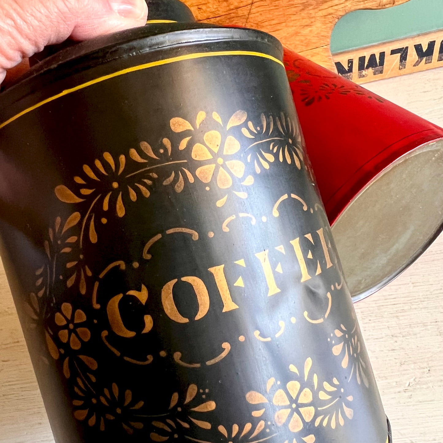 Vintage Tole Stencilled Coffee and Tea Tin Canisters