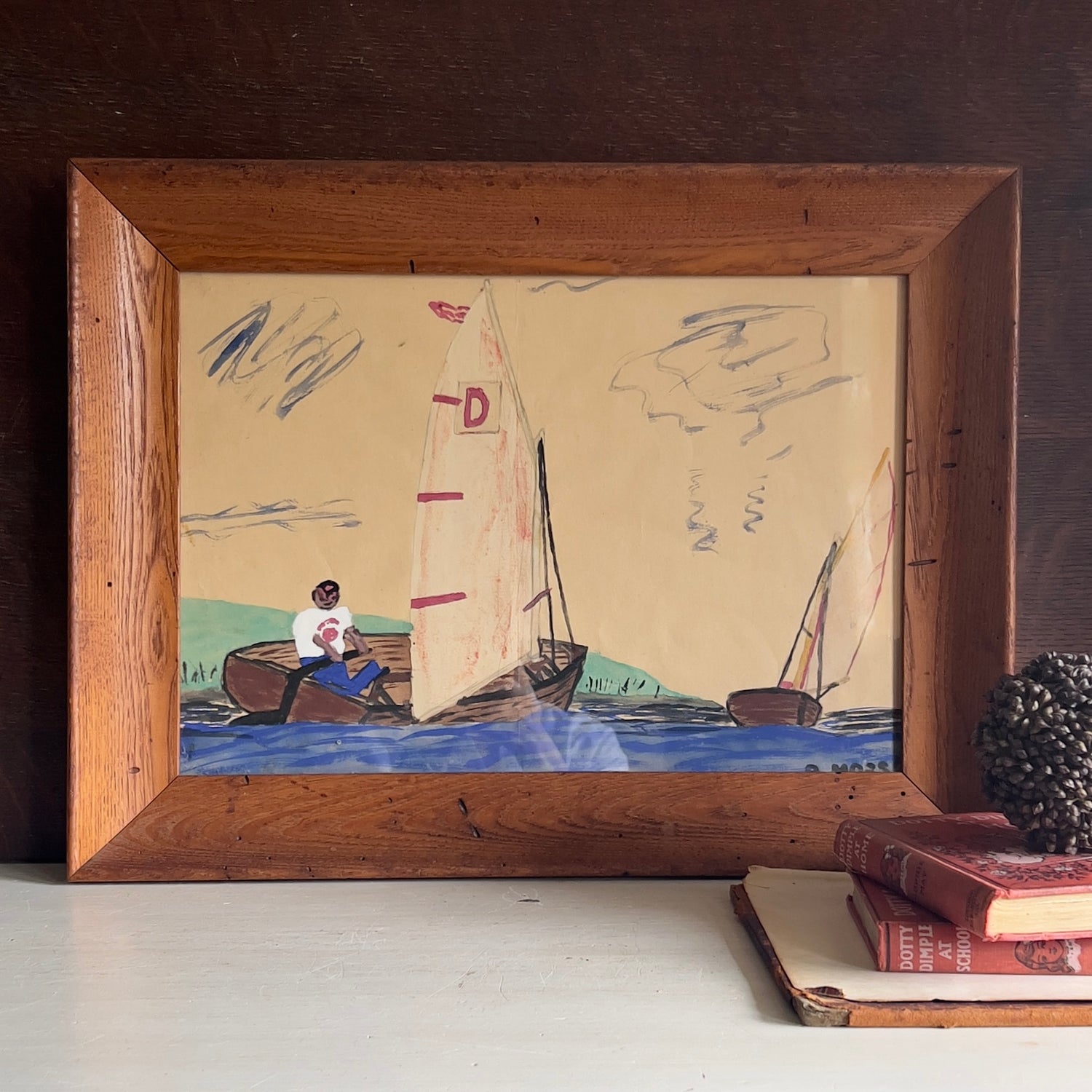 Signed Folk Art Sailboat Painting in Wood Frame