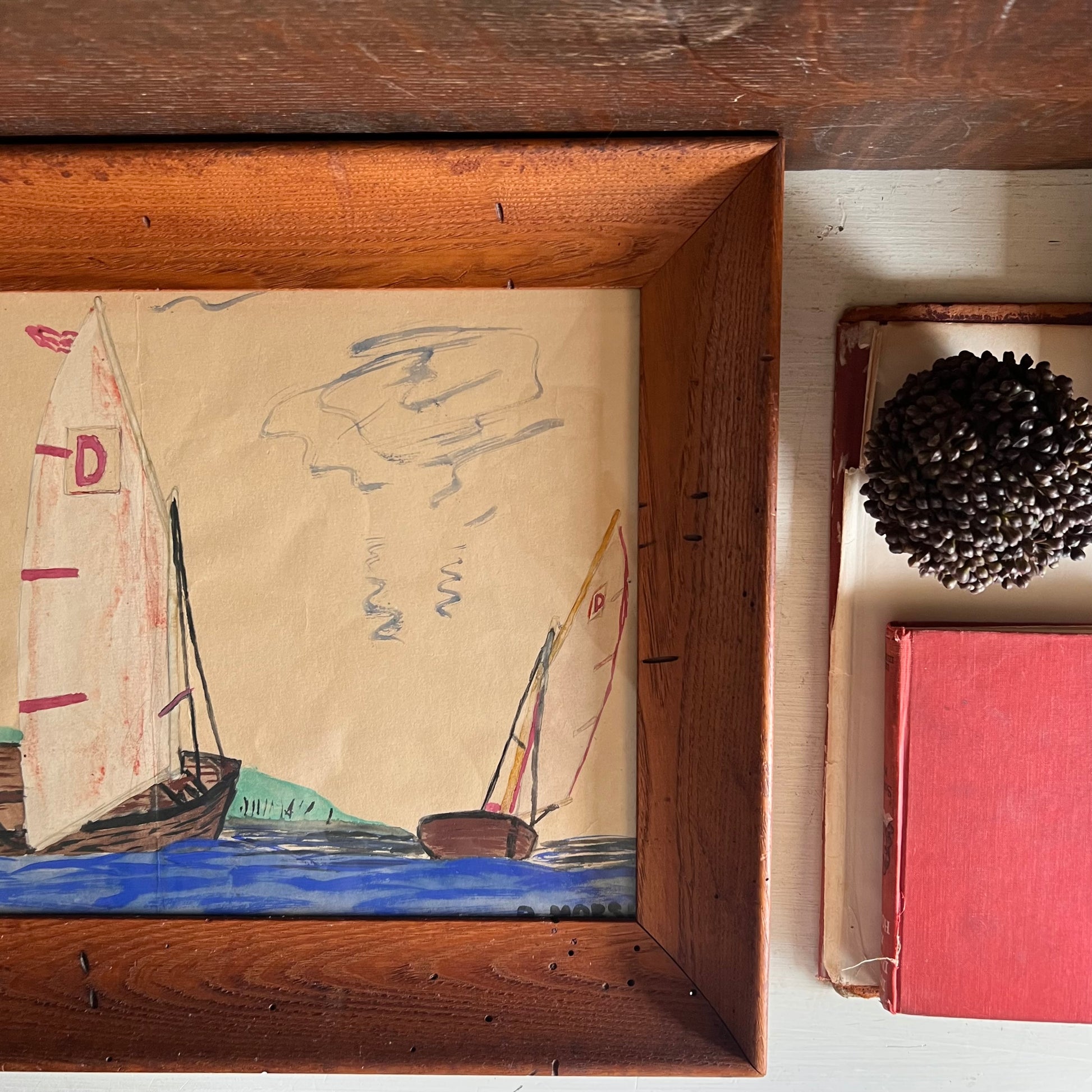 Signed Folk Art Sailboat Painting in Wood Frame