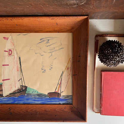 Signed Folk Art Sailboat Painting in Wood Frame