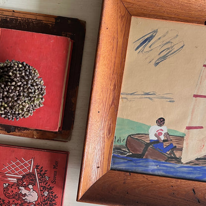 Signed Folk Art Sailboat Painting in Wood Frame