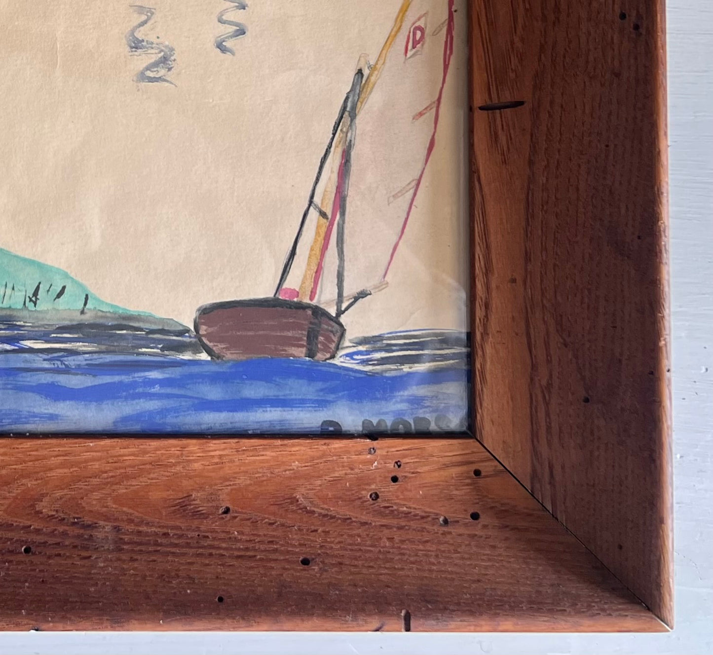Signed Folk Art Sailboat Painting in Wood Frame