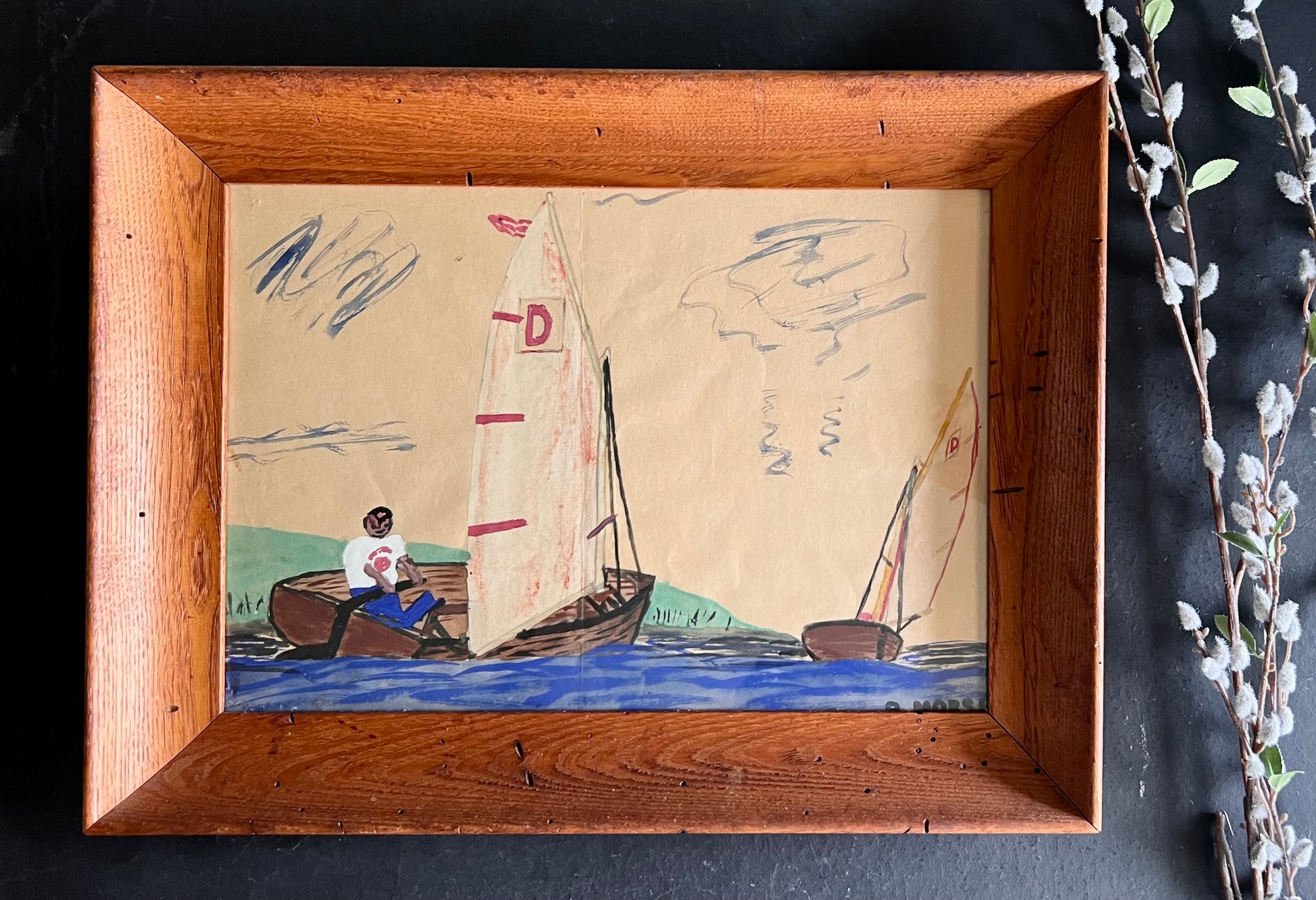 Signed Folk Art Sailboat Painting in Wood Frame