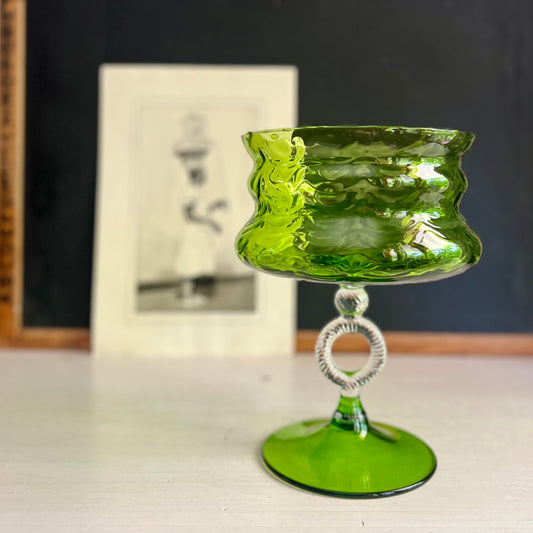 Mid Century Modern Empoli Italy Green Art Glass Compote