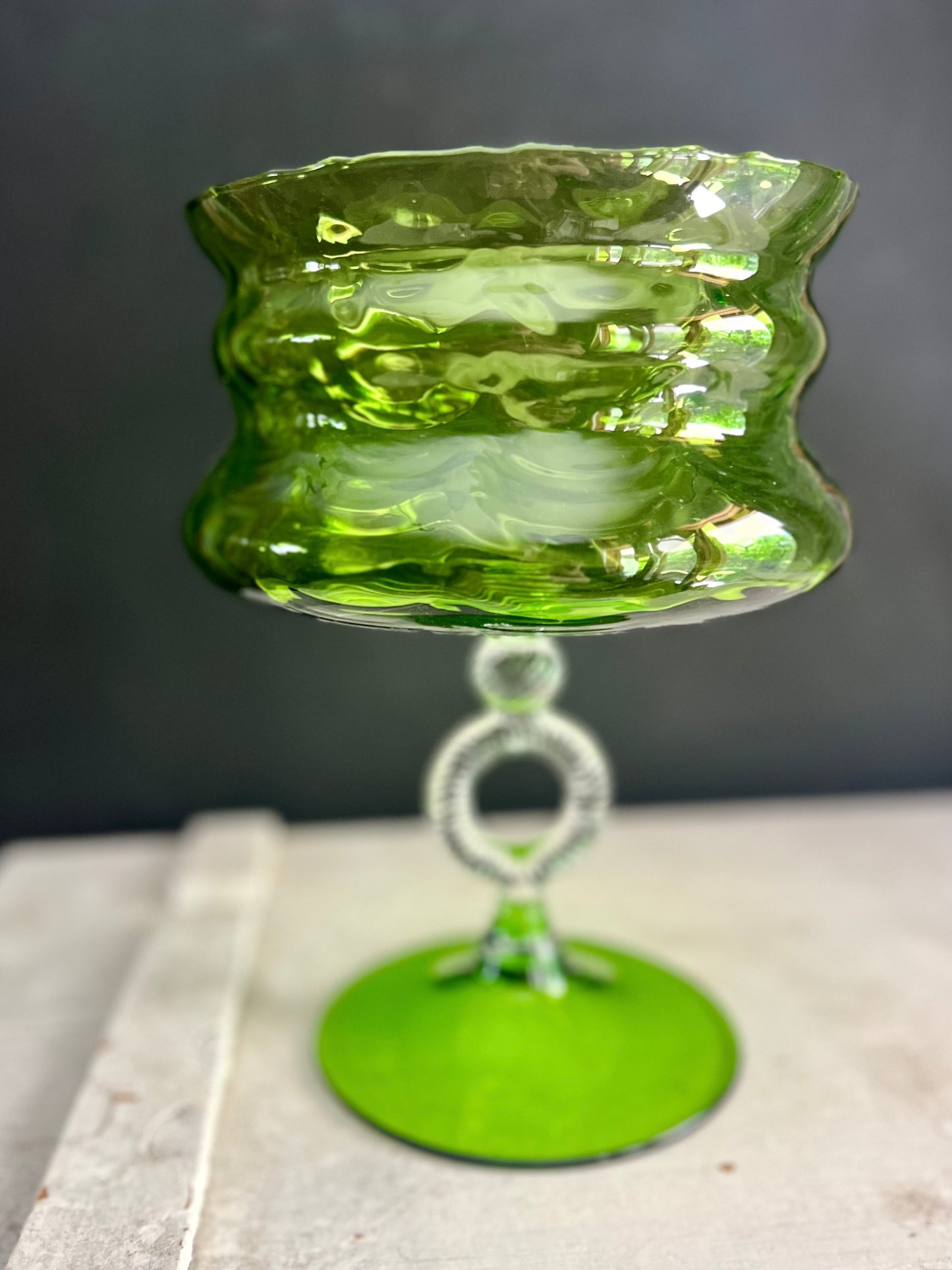 Mid Century Modern Empoli Italy Green Art Glass Compote
