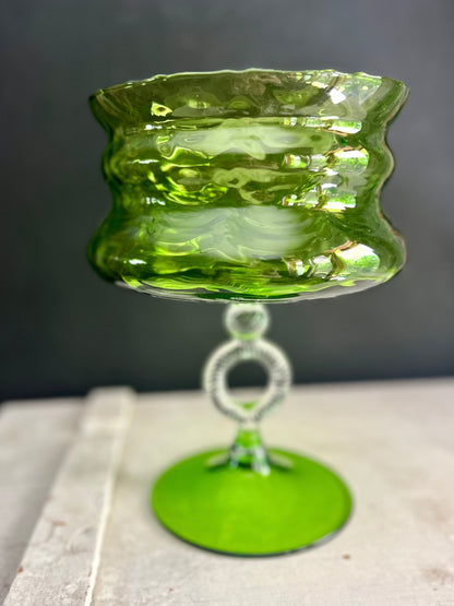 Mid Century Modern Empoli Italy Green Art Glass Compote
