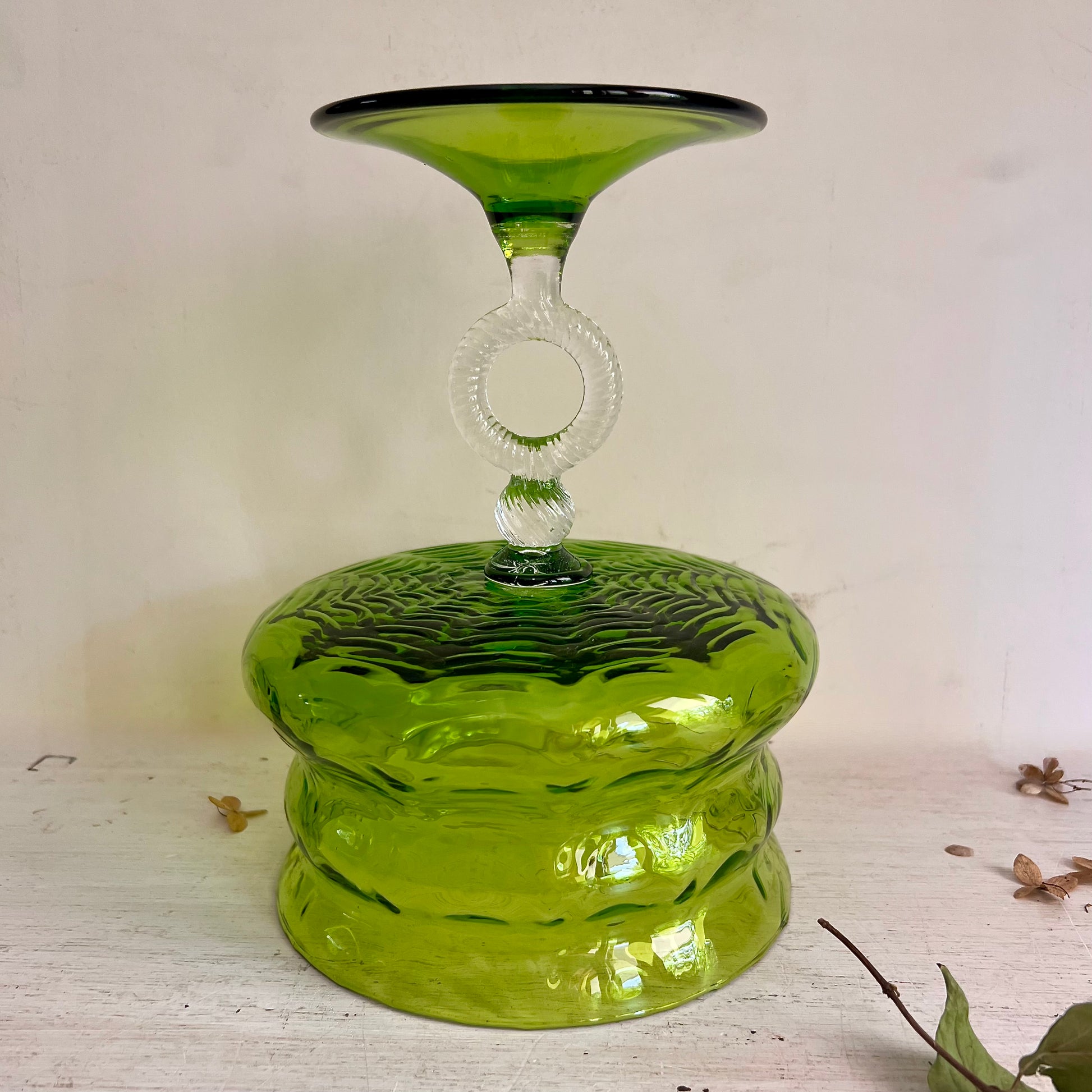 Mid Century Modern Empoli Italy Green Art Glass Compote
