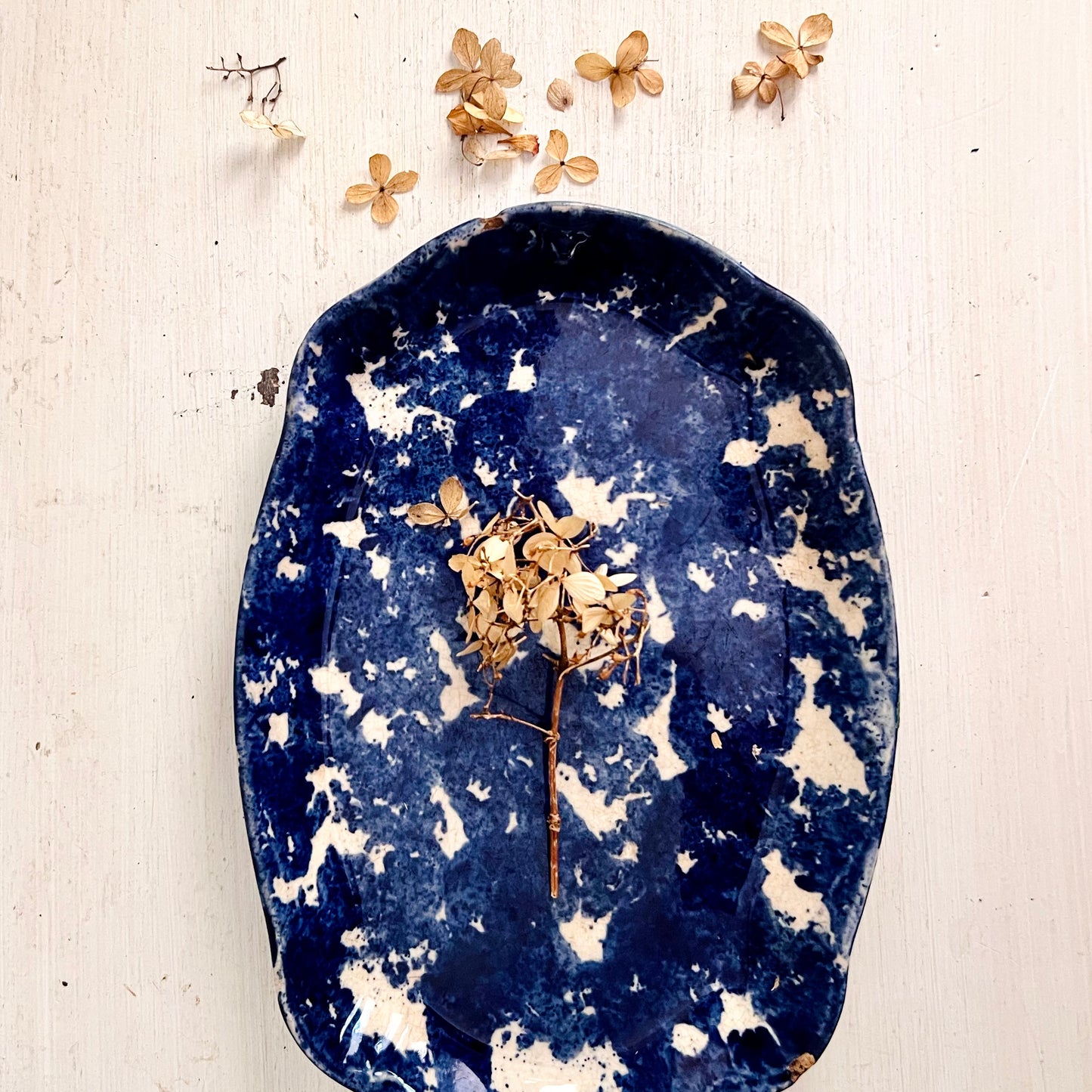 Early Antique Cobalt Blue and White Spongeware Platter