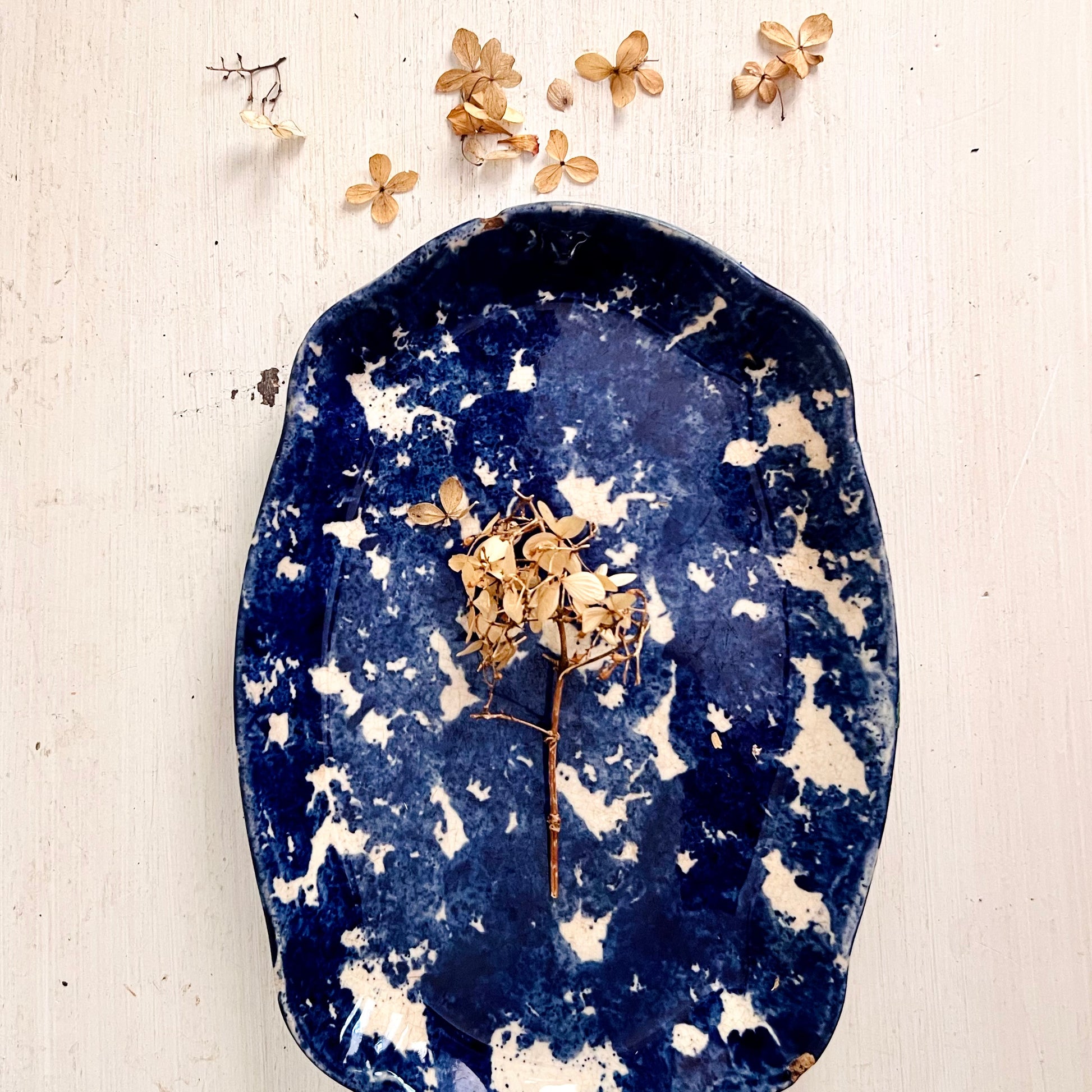 Early Antique Cobalt Blue and White Spongeware Platter