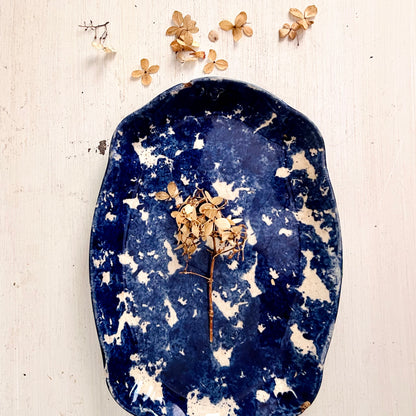 Early Antique Cobalt Blue and White Spongeware Platter