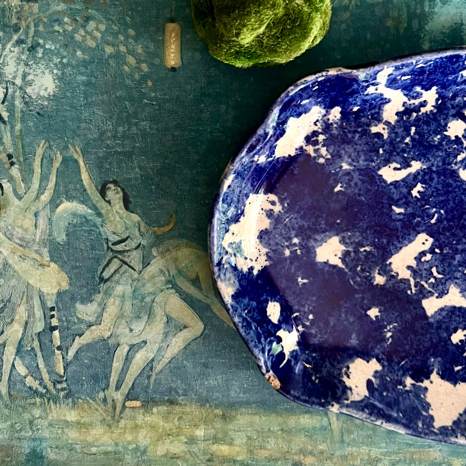 Early Antique Cobalt Blue and White Spongeware Platter