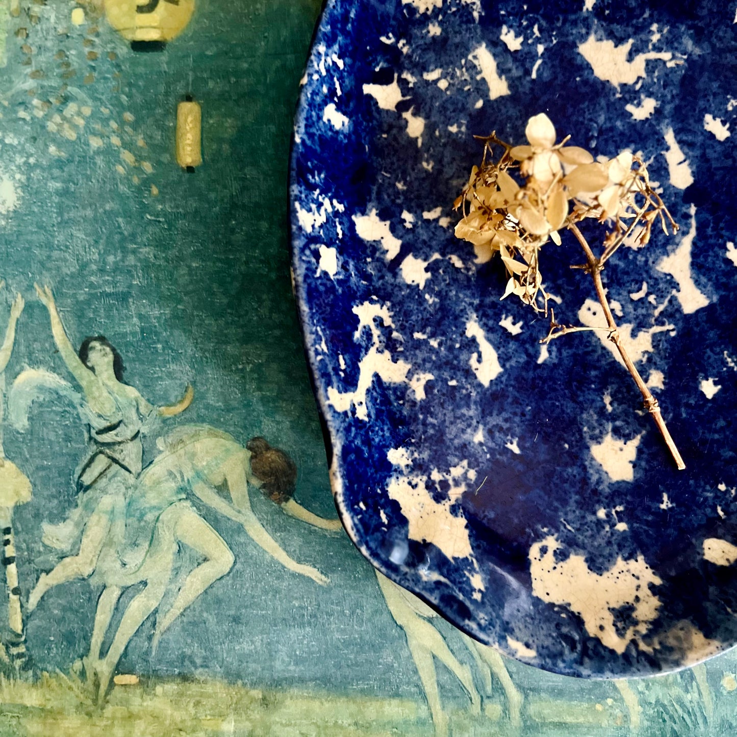 Early Antique Cobalt Blue and White Spongeware Platter