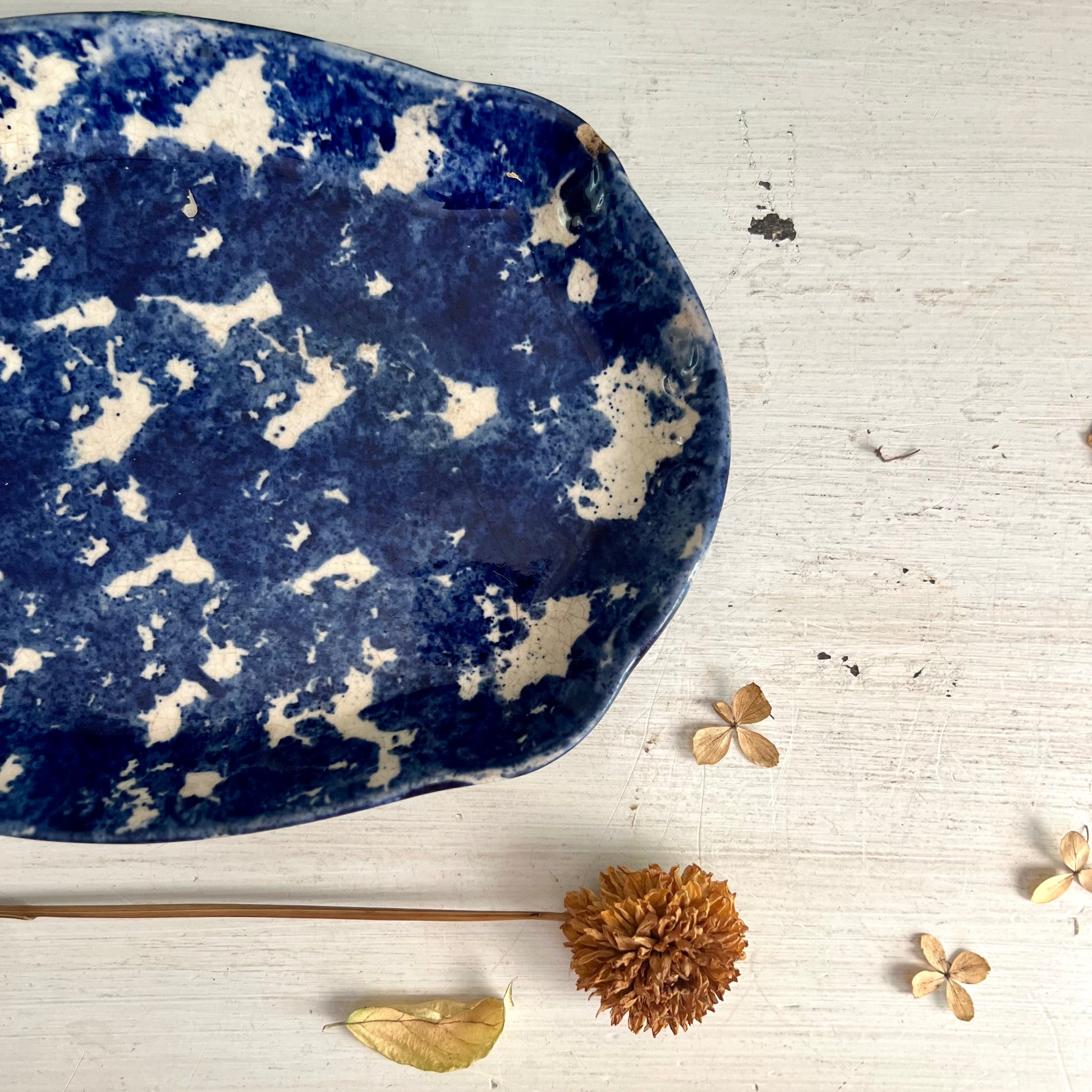 Early Antique Cobalt Blue and White Spongeware Platter