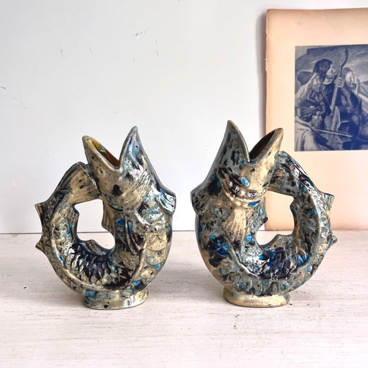 Pair of Speckled Pottery Jug Fishes