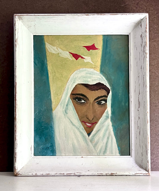 Vintage Oil Painting of Woman in Head Scarf