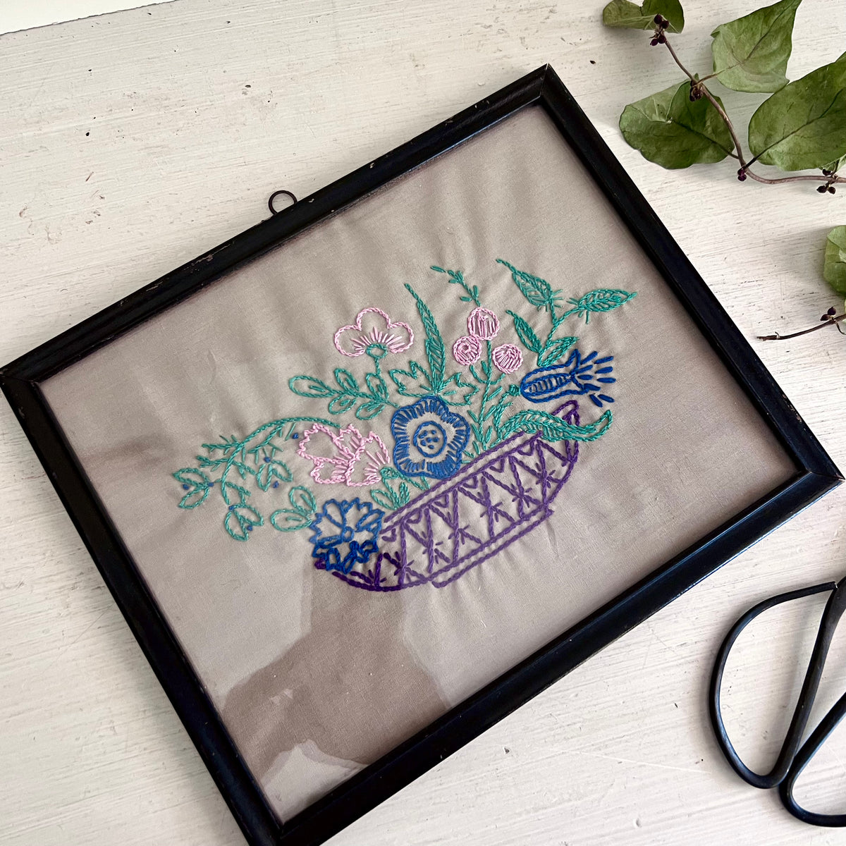 Vintage Framed Embroidered Basket of Flowers