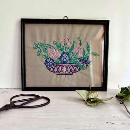 Vintage Framed Embroidered Basket of Flowers