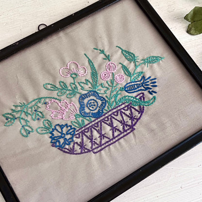 Vintage Framed Embroidered Basket of Flowers