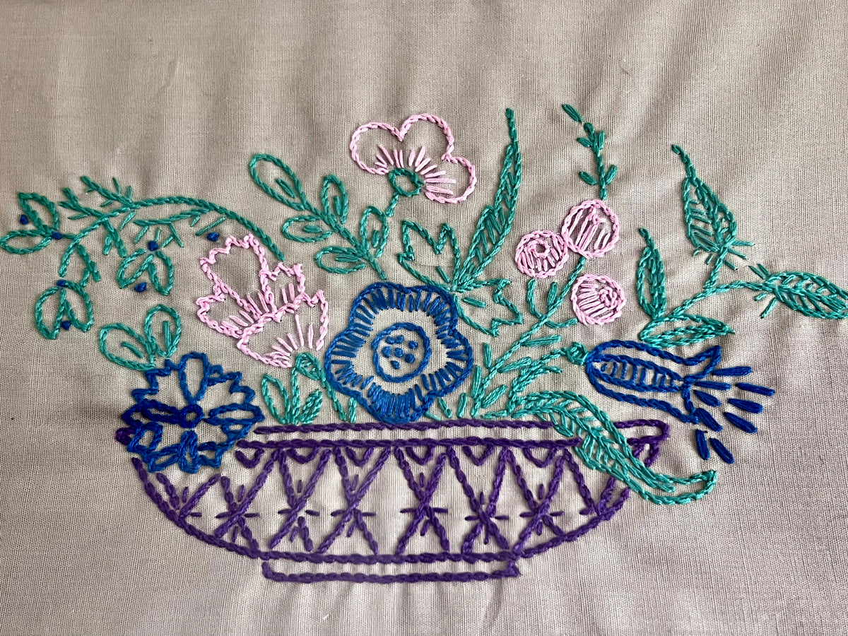 Vintage Framed Embroidered Basket of Flowers