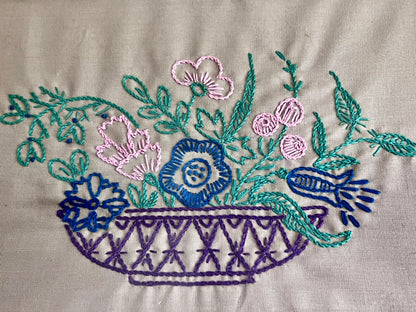 Vintage Framed Embroidered Basket of Flowers