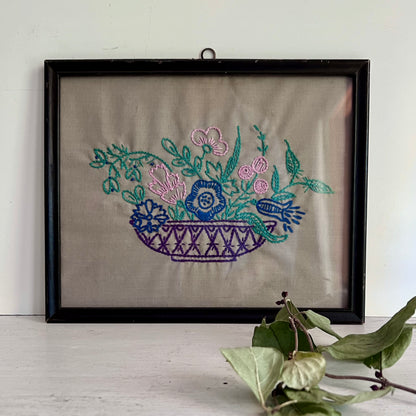 Vintage Framed Embroidered Basket of Flowers