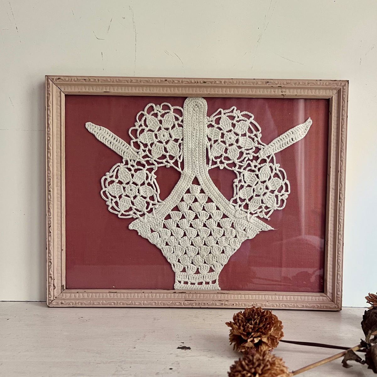 Framed Vintage Crocheted Flower Basket on Dusty Pink Fabric