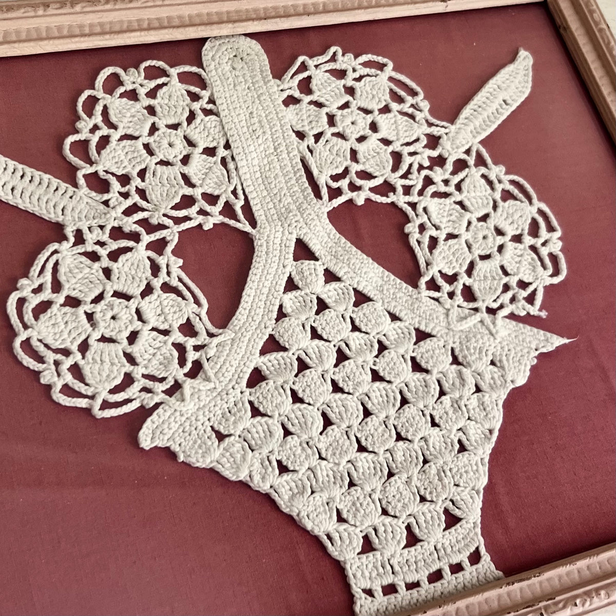 Framed Vintage Crocheted Flower Basket on Dusty Pink Fabric