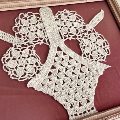 Framed Vintage Crocheted Flower Basket on Dusty Pink Fabric