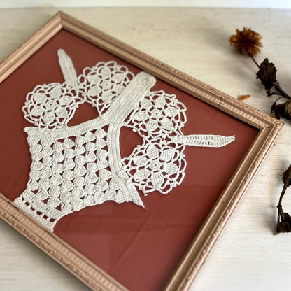 Framed Vintage Crocheted Flower Basket on Dusty Pink Fabric