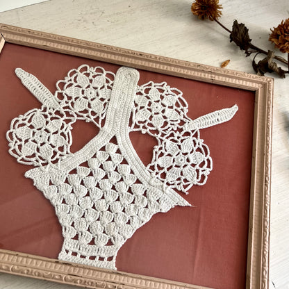 Framed Vintage Crocheted Flower Basket on Dusty Pink Fabric