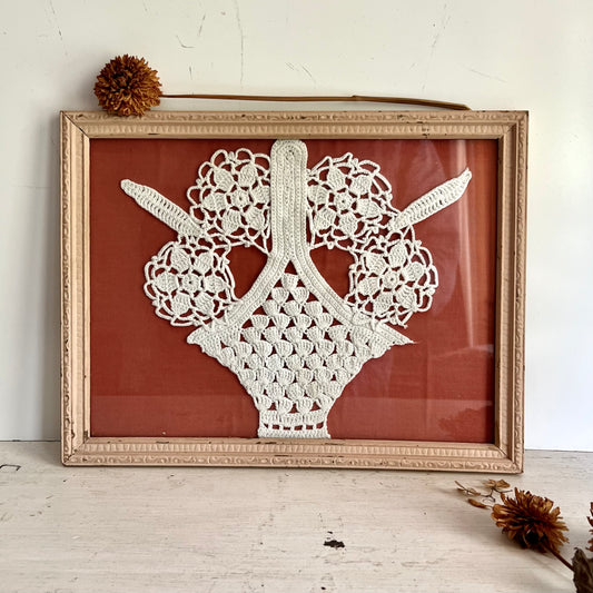 Framed Vintage Crocheted Flower Basket on Dusty Pink Fabric
