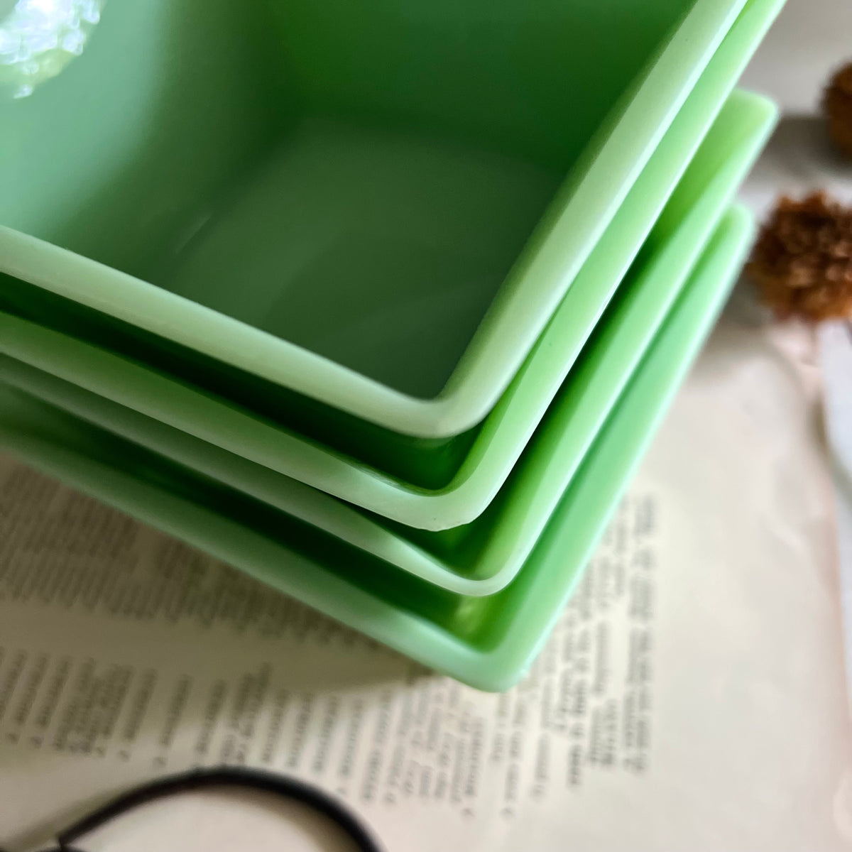 Vintage Green Jadeite Square Glass Bowl, Set of Four