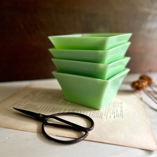 Vintage Green Jadeite Square Glass Bowl, Set of Four