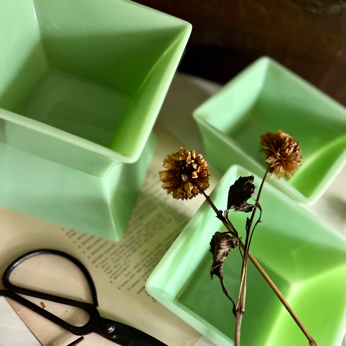 Vintage Green Jadeite Square Glass Bowl, Set of Four