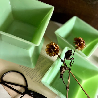Vintage Green Jadeite Square Glass Bowl, Set of Four
