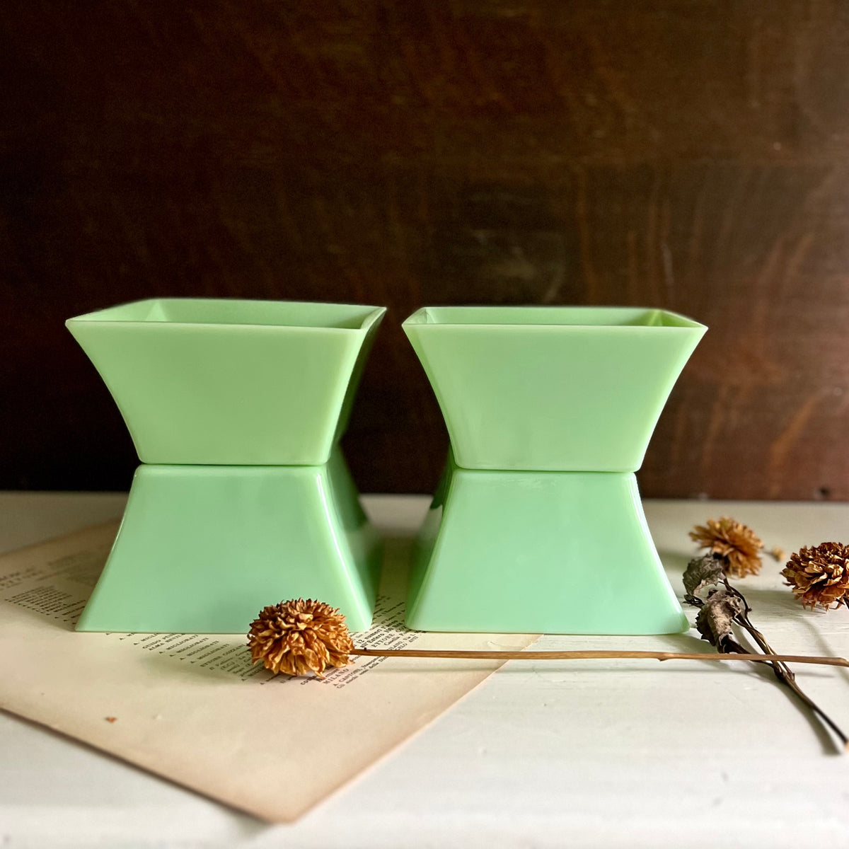 Vintage Green Jadeite Square Glass Bowl, Set of Four