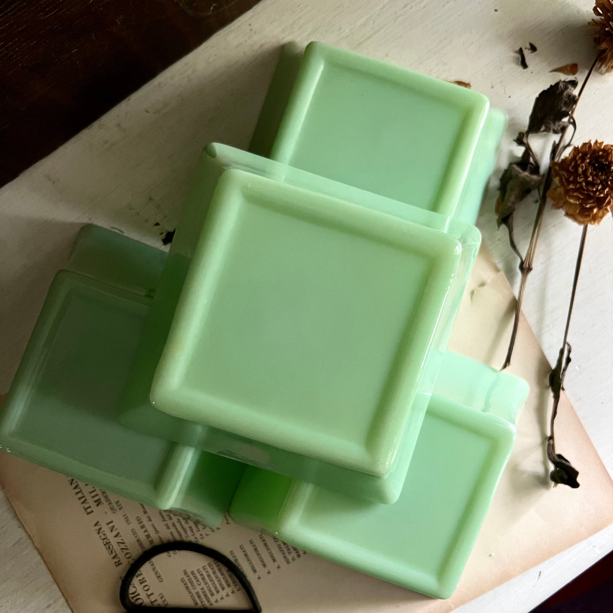 Vintage Green Jadeite Square Glass Bowl, Set of Four