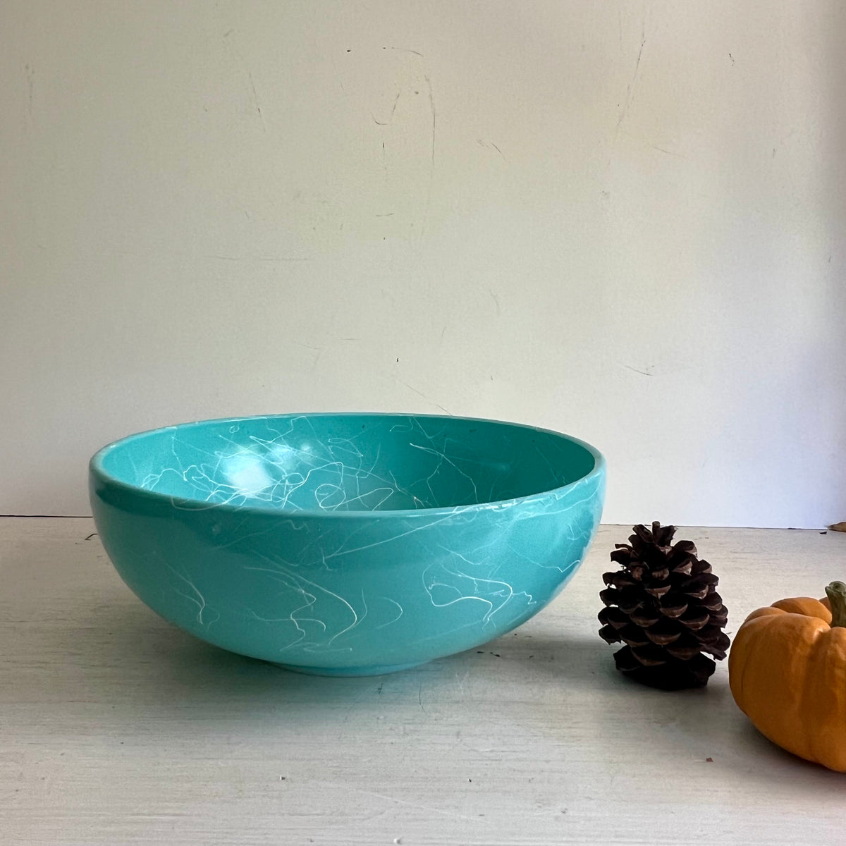 Mid Century Turquoise Hazel Atlas Spaghetti Drizzle Milk Glass Mixing Bowl