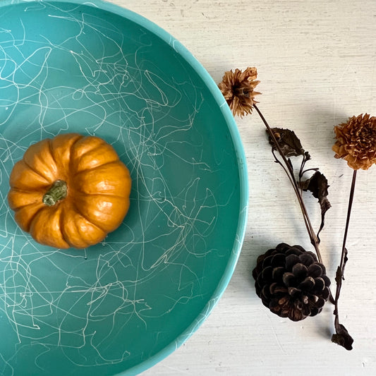 Mid Century Turquoise Hazel Atlas Spaghetti Drizzle Milk Glass Mixing Bowl