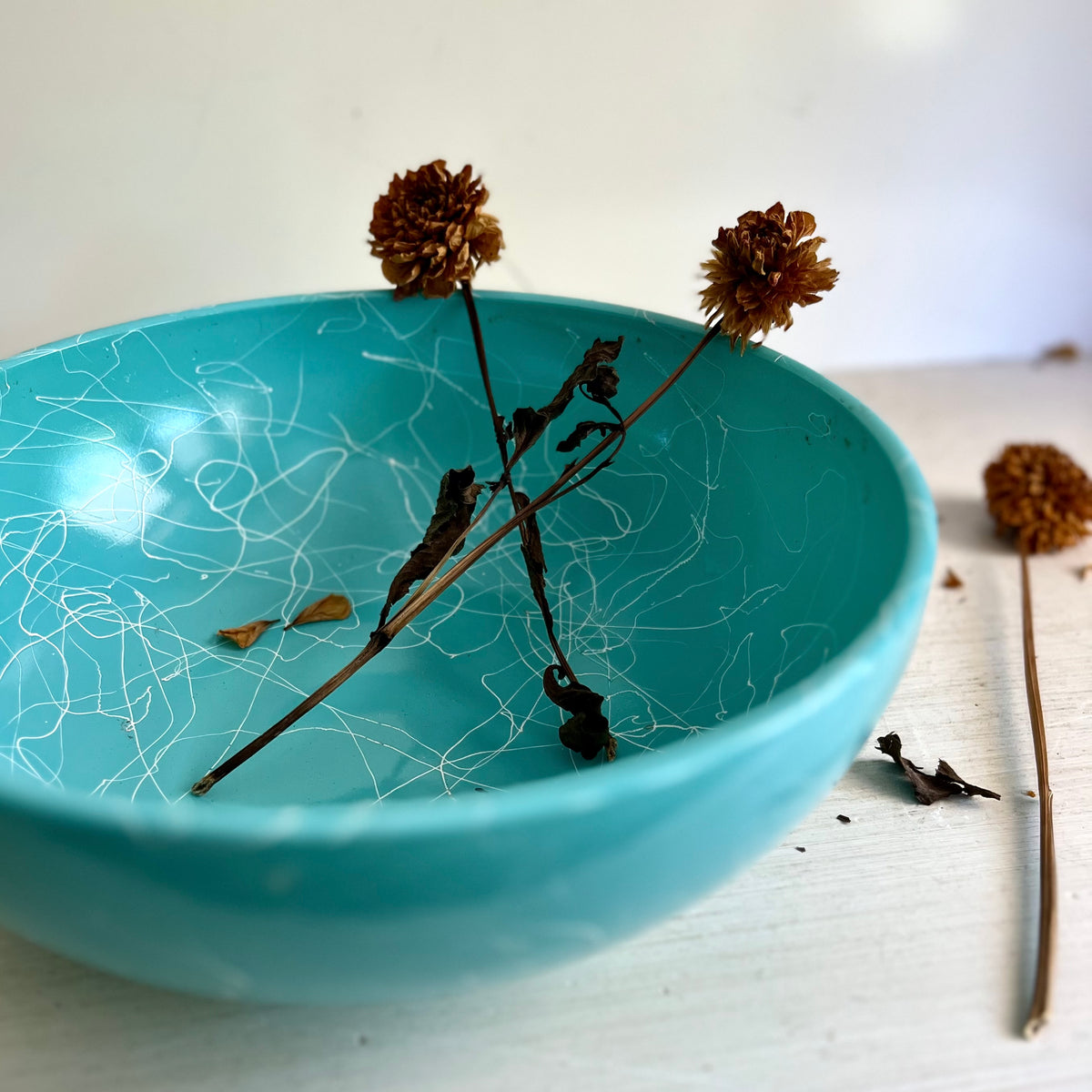 Mid Century Turquoise Hazel Atlas Spaghetti Drizzle Milk Glass Mixing Bowl
