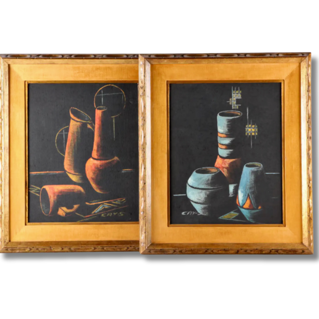 Pair of Cay-Skot Mid Century Vessel Still Life Oil Paintings