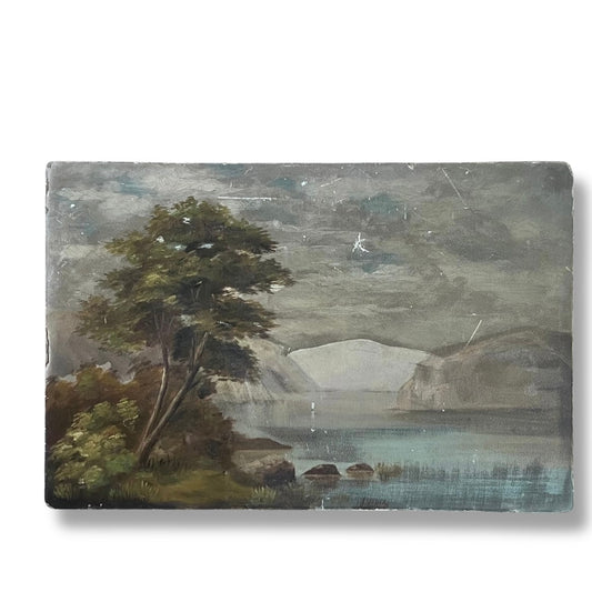 Early Antique Moody Oil Landscape Painting of Mountains and Lake Scene